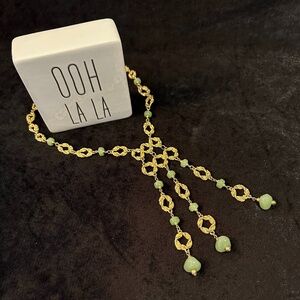 Vintage Gold-tone Tassel Statement Necklace with Green/Jade Beads